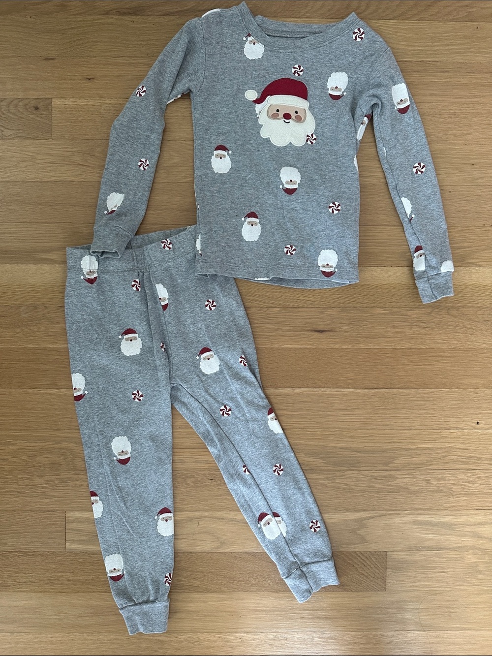Kids Gray Santa Face Pajama Set with Red Accents
